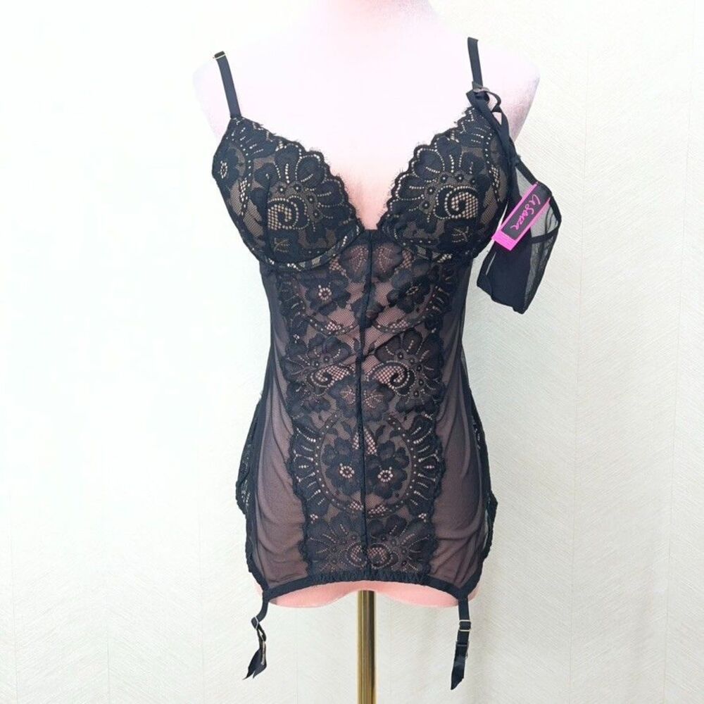 La Senza Black Lace Mesh Bustier Garter Bodysuit Thong Set Womens Size S NWOT